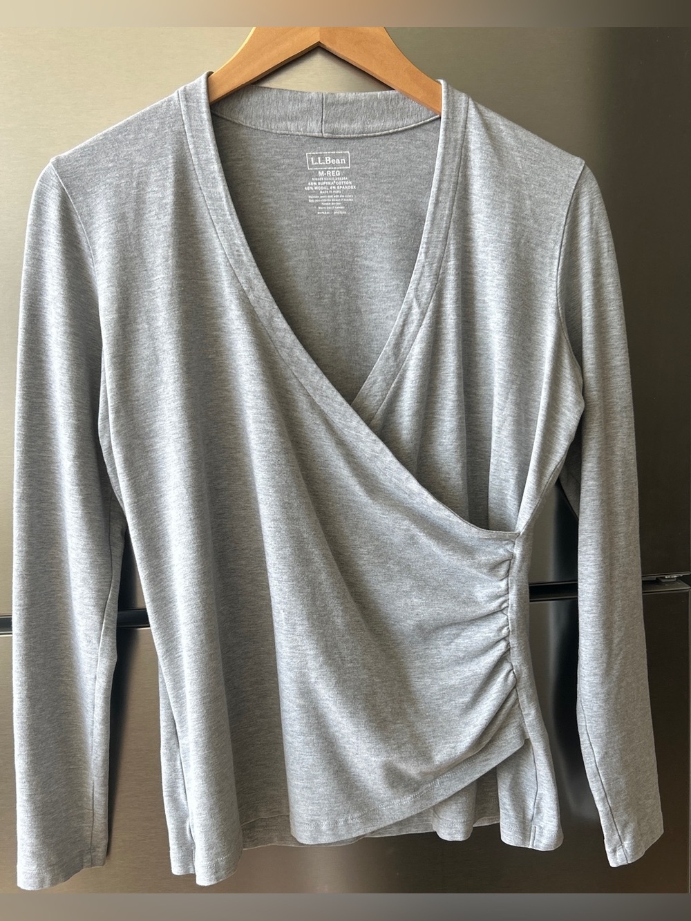 L.L.Bean Gray Faux Wrap Top Medium Supima Cotton Modal Long Sleeve